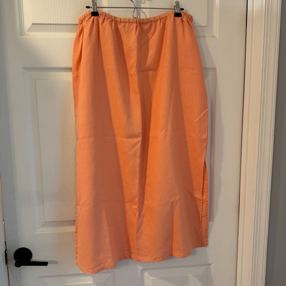 Chadwick's Linen Skirt Women 16W Apricot Orange Elastic Waist Side Slit Midi